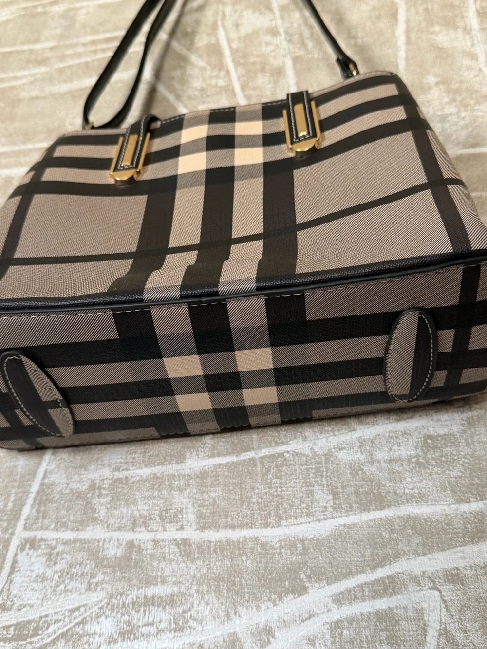 Burberry Taupe and Black Check Satchel with Gold Hardware